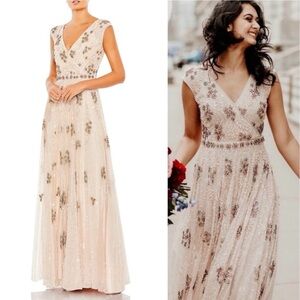 NWT Mac Duggal 93575 Embellished Wrap Over Cap Sleeve A-Line Gown Blush Size 18